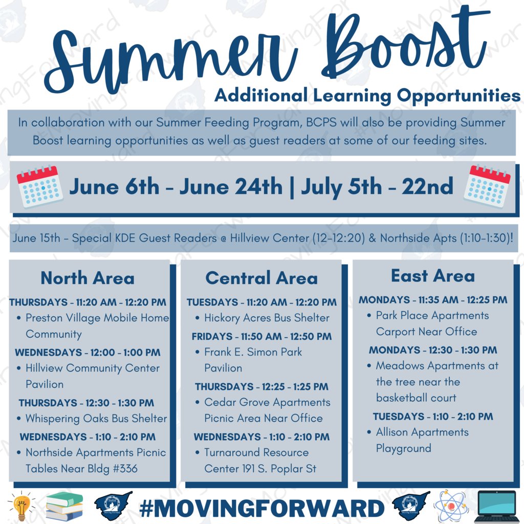 Check out these graphics to learn more about our Summer Feeding and Summer Boost Programs! Special guest readers from the Kentucky Department of Education will be joining us at two locations on June 15th! Visit this link for more: bit.ly/summer-feeding… #MovingForward