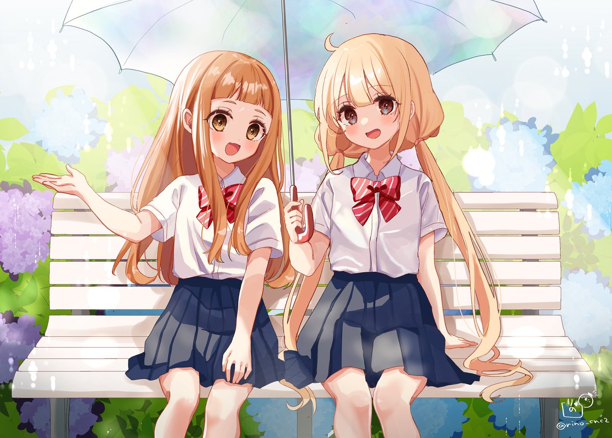 futaba anzu ,ichihara nina multiple girls 2girls umbrella long hair brown eyes smile skirt  illustration images