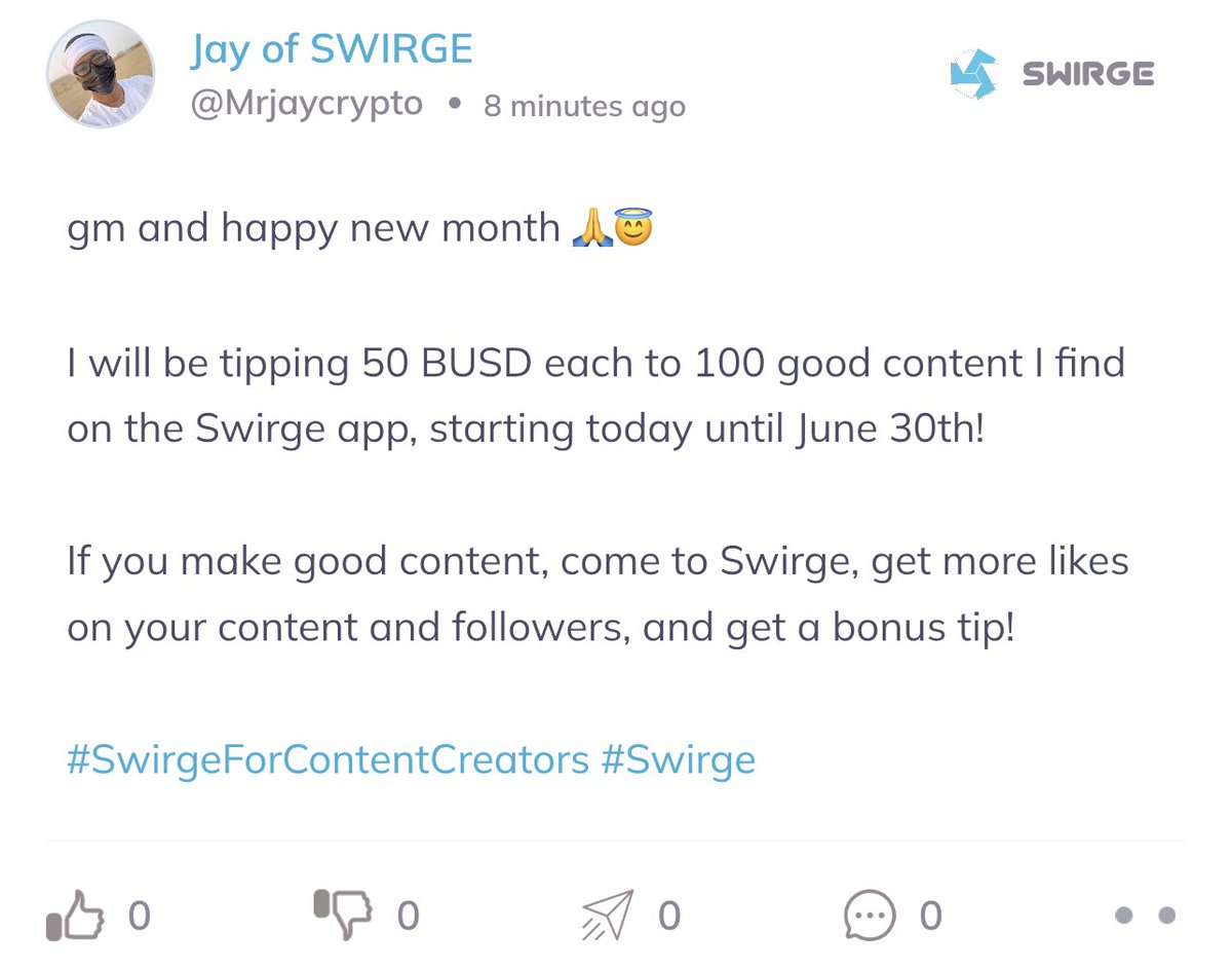 HuddlzToken's tweet photo. 50 $BUSD each to 100 good content found on the Swirge App!
You love Music, Drama, Sports, Comedy, Cooking, whatever the topic may be, #UseSwirge and stand a chance to Win 50 BUSD 🔥
↪️ Download on Google Playstore and Apple App Store; https://t.co/lFKfxGovXg https://t.co/we660NIM5Q