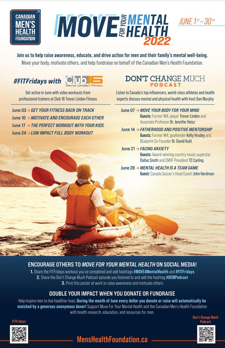 June is Canadian Men's Health Month! Help inspire men and their families to take care of their mental health and live healthier year-round.

Check out <a href="/menshealthfdn/">Canadian Men's Health Foundation</a>'s poster and follow along with some incredible workouts and podcasts.