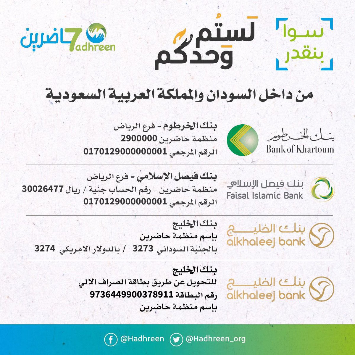 HussamIbnouf's tweet photo. ⭕️ دا بوست اطلاق حملة لدعم منظمة حاضرين، اتمنى من اي زول يساهم مع الناس ديل بالبقدر عليهو

كل لايك علِي التويتة دي حطلع مقابلها جنية لمنظمة حاضرين

كذلك بطلب من اي زول عندو طريقة يعمل كوت تويت علِي التويتة دي ويعمل نفس التبرع

دي محاولة دعم، خلونا ننجحها، واي زول بالقدر عليه https://t.co/BPfCyKrGWE