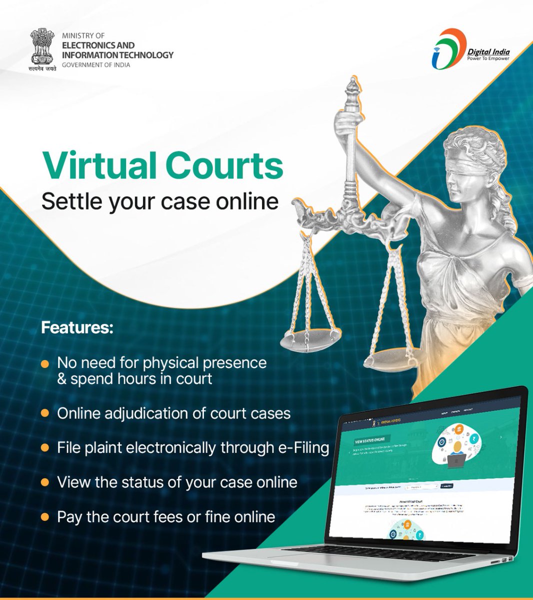 GoI_MeitY's tweet image. Now you can settle your case online in #virtualcourts! No need to be physically present in a court, saving time &amp;amp; cost. You can file your plaint, view the case status &amp;amp; even pay the court fees/ fine online. Know more @ vcourts.gov.in @NICMeity @alkesh12sharma