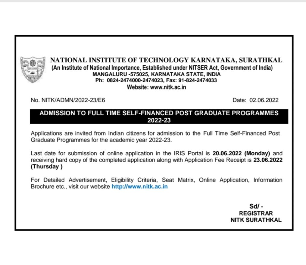 NITK Surathkal_Official on Twitter "Call for Admission to Full Time