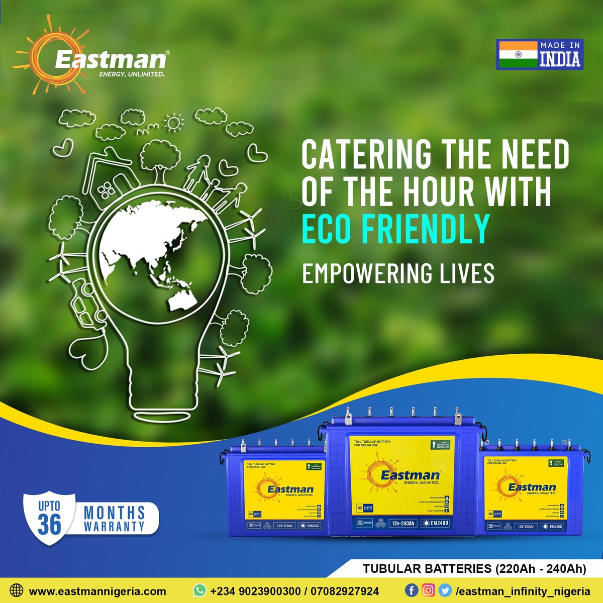 EastmanInfinity's tweet photo. While the world is having a tough time take a step to prevent it from any further damage. Switch to Eastmanโs eco friendly batteries now!
๐ +234 9023900300 / 07082927924
๐ https://t.co/0Fj0D9Jxky
.
.
.
#eastman #eastmanpower #powersolution #bestbackup #eastmanbatteries https://t.co/9LNiZF6WBb