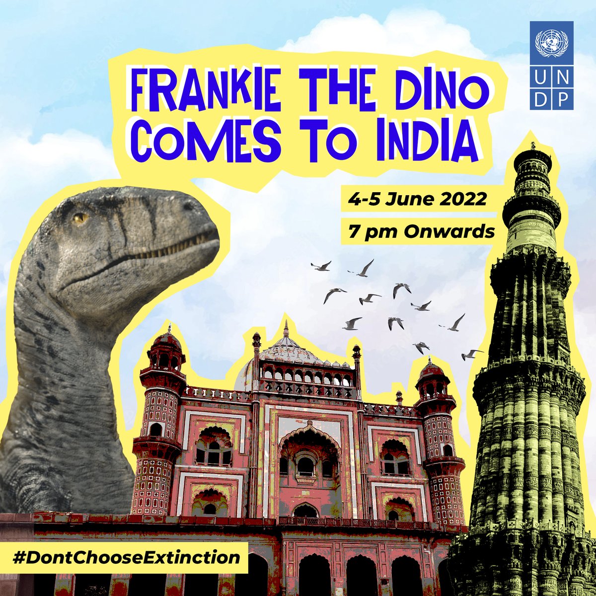 UNinIndia's tweet photo. Have you heard? @frankiethedino 🦖 is coming to 🇮🇳 for #WorldEnvironmentDay
 
Meet the sole survivor of the asteroid at @dlf_cyberhub, Gurugram, 4 Jun, 7 PM.
 
Watch 3D projections of Frankie at #QutubMinar &amp; #SafdarjungTomb in #NewDelhi, 4-5 Jun, 7.30 PM.
 
#DontChooseExtinction https://t.co/QKLmlaLP2U