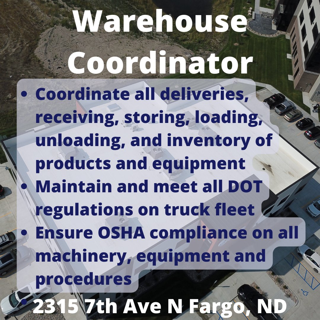 TectaDakotas's tweet photo. A key position of Warehouse Coordinator in Fargo is open for applications! They also are hiring commercial roofing foremen, commercial roofers, boom truck and equipment operators, roofing laborers, and sheet metal laborers. Apply in person or online https://t.co/vprLW4xwzP https://t.co/OVQRQIcdaI