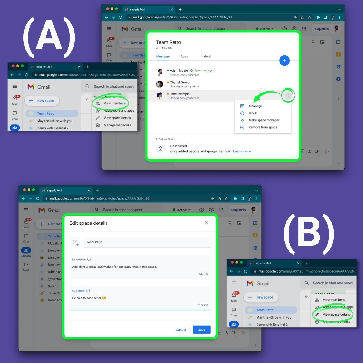 Saperis_io's tweet photo. << Tip of the week >>

New Google Chat features:

🔹 Manager role for greater control of a space (A).

🔹 Space descriptions to set context (B).

🔹 Space guidelines for better communication environments (B).

#TipOfTheWeek #saperis #collaboration #GoogleChat  #GoogleWorkspace https://t.co/TTX9Y9F0Te