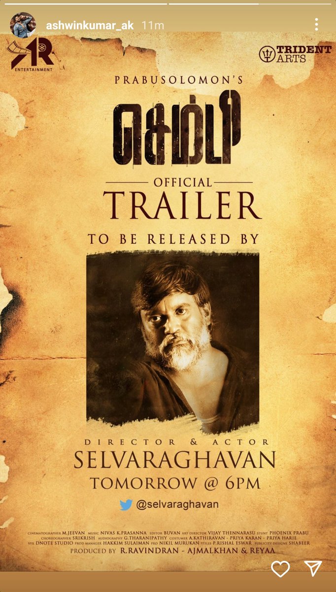 Omg! This is huge😍🔥
#Sembi trailer from tomorrow at 6pm🥳

#Ashwinkumar #Ashwinkumar02
