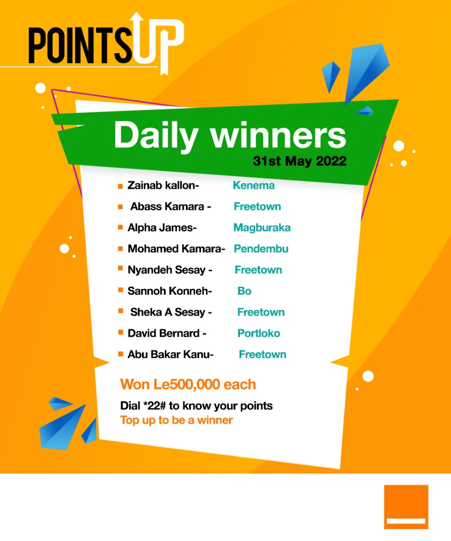 Orange_sierra's tweet photo. Many happy daily cash prize winners. Top up le 2,000 and above and join the daily and weekly winners. Check your points by dialing *22#
#pointsup #orangesl #win https://t.co/cYknPdEzeT