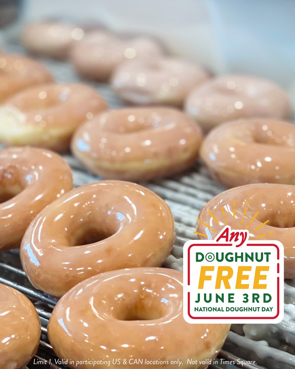 krispykreme's tweet photo. NATIONAL DOUGHNUT DAY. Tomorrow, June 3rd. FREE 🍩 of your choice!  🎉 Tag a friend so they don't miss out! 

In shop only at participating US &amp; CAN shops while supplies last on 6/3. Limit one per person. Full offer details at https://t.co/PAmvFolSy0 https://t.co/PjRzbzXwp9
