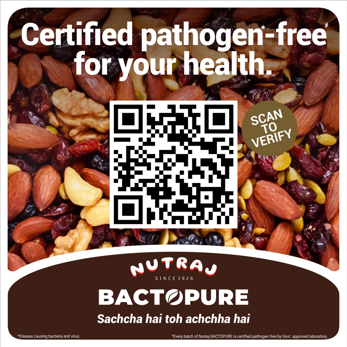 NutrajIndia's tweet photo. Nutraj’s New Bactopure is India’s 1st and only nuts and dry fruits brand that is”Certified Pathogen Free”.
Scan the QR code printed on the pack to verify the certificate and take charge of your health.
#nutraj #nutrajdryfruits #nutrajbactopure #bactopure #dryfruits https://t.co/WgaOzDIJnt