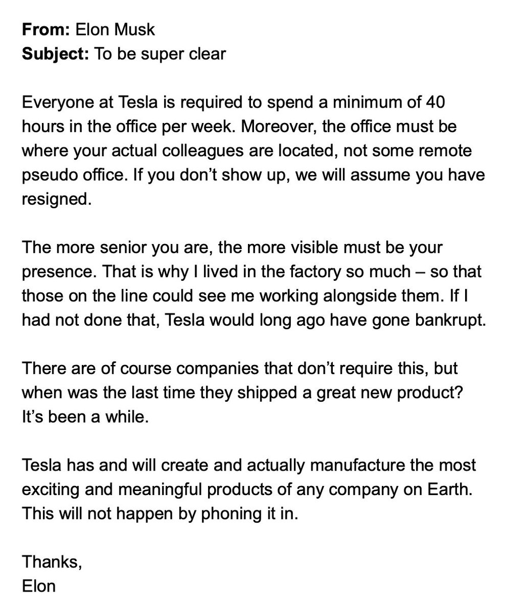 This is so true. Working remote does not cut it...

#ElonMusk #WorkFromHome