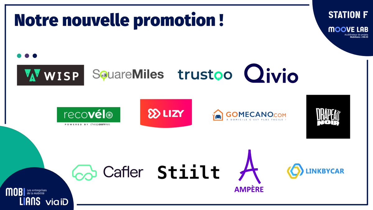 La 9e promo du <a href="/Moove_lab/">Moove Lab</a>, parrainée par <a href="/BMWGroupFrance/">BMW Group France</a>, entrera à <a href="/joinstationf/">STATION F</a> le 13 juin. 🚀

🔌 #Ampère
🚗 <a href="/caflerapp/">Cafler</a>
🧑‍🔧 <a href="/Gomecano_France/">GOMECANO</a>
🚗 #LIZY
🏍 #Qivio
🚲 #Recovelo
✅ <a href="/Squaremiles_io/">SquareMiles.io</a>
🚗 <a href="/stiiltapp/">Stiilt</a>
🚗 <a href="/Trustoo_Fr/">Trustoo</a> 
🦾 #WISP
📲 <a href="/LBycar/">LinkBycar</a>
🏍 #DrapeauNoir