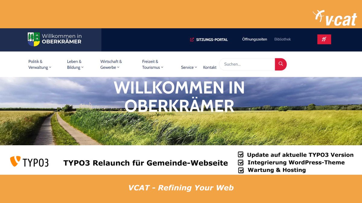 VCATconsulting's tweet photo. Für die #Gemeinde #Oberkrämer hat unser Team #TYPO3 einen #Relaunch der #Webseite durchgeführt. Neben dem #Update des Systems gab es ein frisches #Design sowie neue #Extension für die News. Mehr zum Projekt in unserem Blog: https://t.co/ehWWaNGEZw #RefiningYourWeb #ITinPotsdam https://t.co/iPwPK99weS