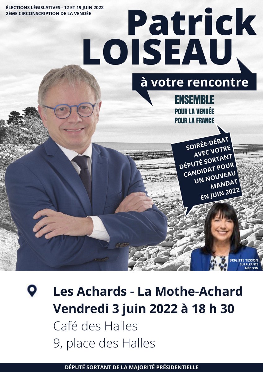 PLoiseau2022's tweet photo. 🗓🍷 A quelques jours des #législatives2022, je vous donne #rendezvous pour une #soiréedébat
📌 vendredi 3 juin à 18 h 30 au Café des Halles aux #Achards - #LaMotheAchard.
#Vendée #circo8502 https://t.co/oEEi8eYQ2t