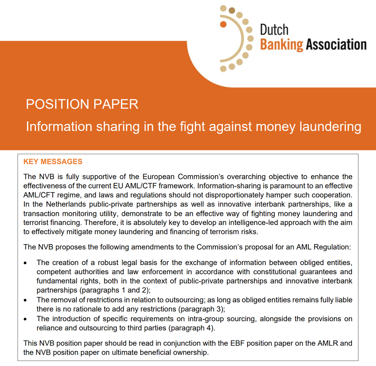 To strengthen all efforts in fighting money laundering and terrorist financing, the first #AML Regulation should provide a good legal basis for sharing of information between investigative authorities and #banks and banks themselves. Read our position: nvb.nl/english/nvb-re…