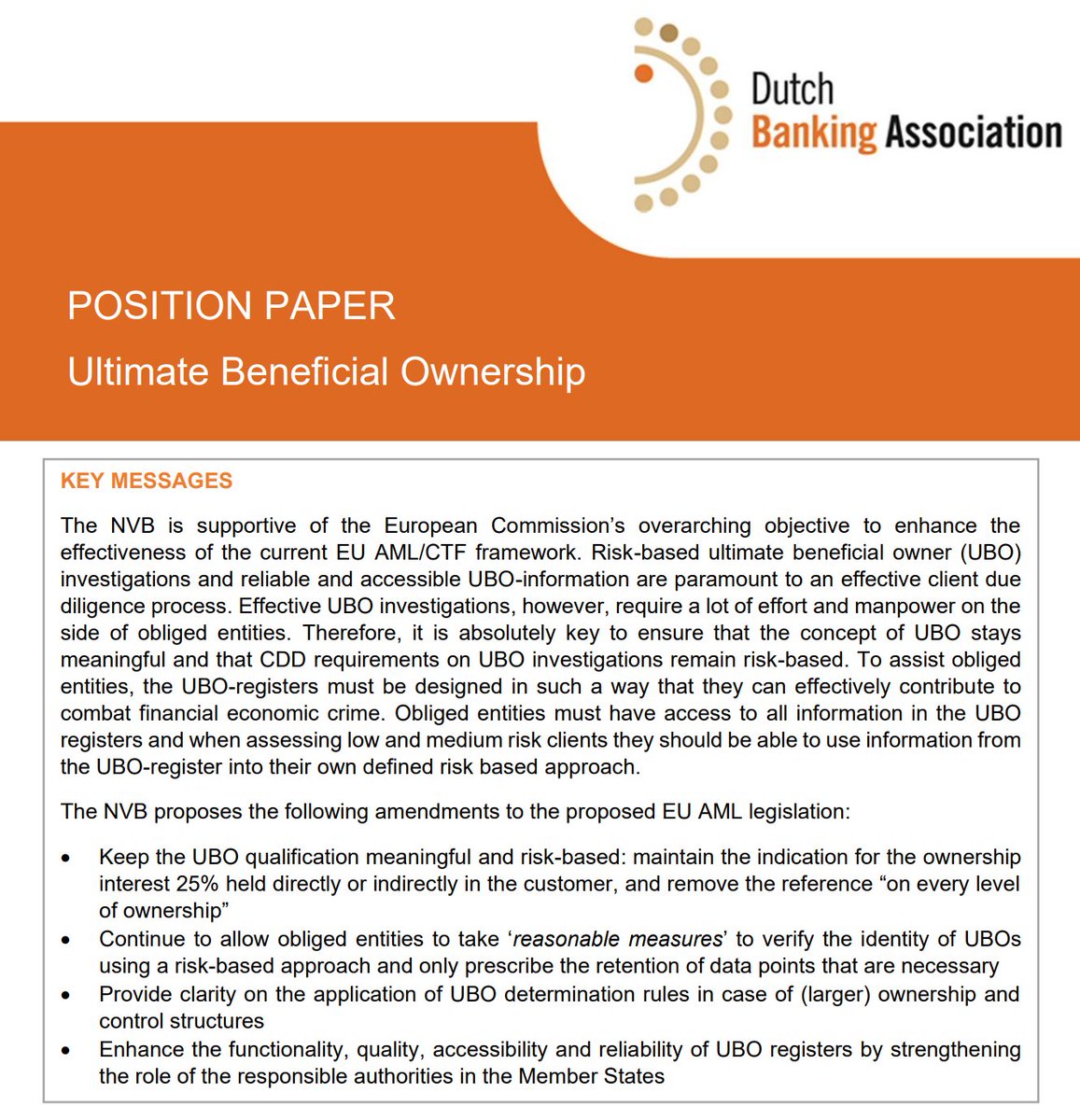 #UBO qualifications should remain meaningful and risk-based and the role of public authorities in the Member States in maintaining the quality, accessibility and reliability of UBO registers should be strengthened. Read our position paper: #AMLD6 #AMLR nvb.nl/english/nvb-re…