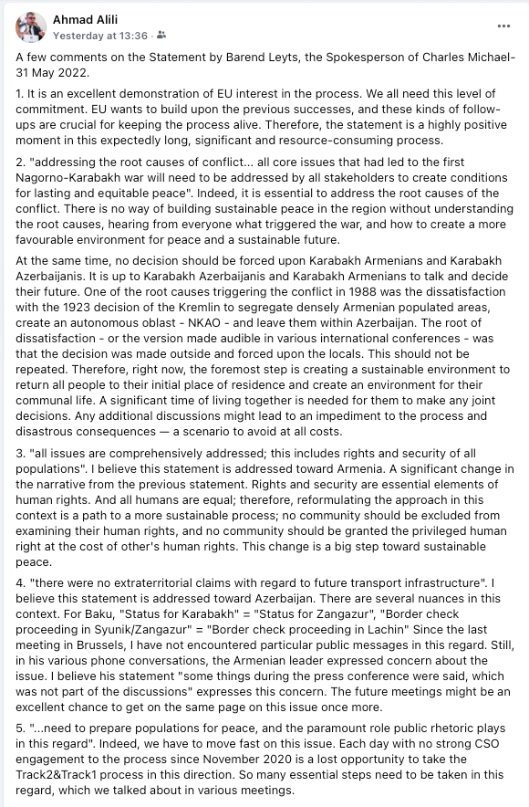 AhmadAlili's tweet photo. A few comments on the Statement by Barend Leyts, the Spokesperson of Charles Michael-31 May 2022. We are witnessing highly dynamic moments in the process, and it's time to consider all concerns.
#Peace4SC #NKpeace #Karabakh #AzerbaijanArmenia https://t.co/qyctvwg6f0