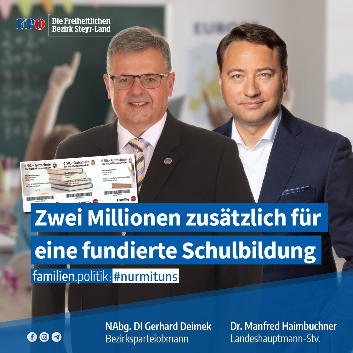 Dort, wo wir zuständig sind, handeln wir: Für Kinder im Pflichtschulalter gibt es pro Semester 150 Euro für Nachhilfe in den Hauptgegenständen Deutsch, Mathematik, Englisch bzw. eine zweite lebende Fremdsprache. <a href="/Haimbuchner/">Manfred Haimbuchner</a> / Familienreferent hilft. #nurmituns