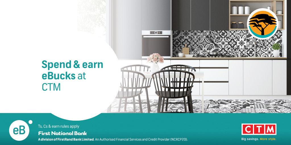 FNBSA's tweet photo. Mtshana, you can 𝗲𝗮𝗿𝗻 𝗲𝗕𝘂𝗰𝗸𝘀 when you shop DIY faves at CTM stores nationwide or online 😀  Plus, spend your eBucks and save your Randelas. Simply pay with your qualifying FNB card to earn. Ts &amp; Cs and Earn Rules apply. Learn more 👉 https://t.co/WciSmB7Kyr https://t.co/zgHvRDpFVK