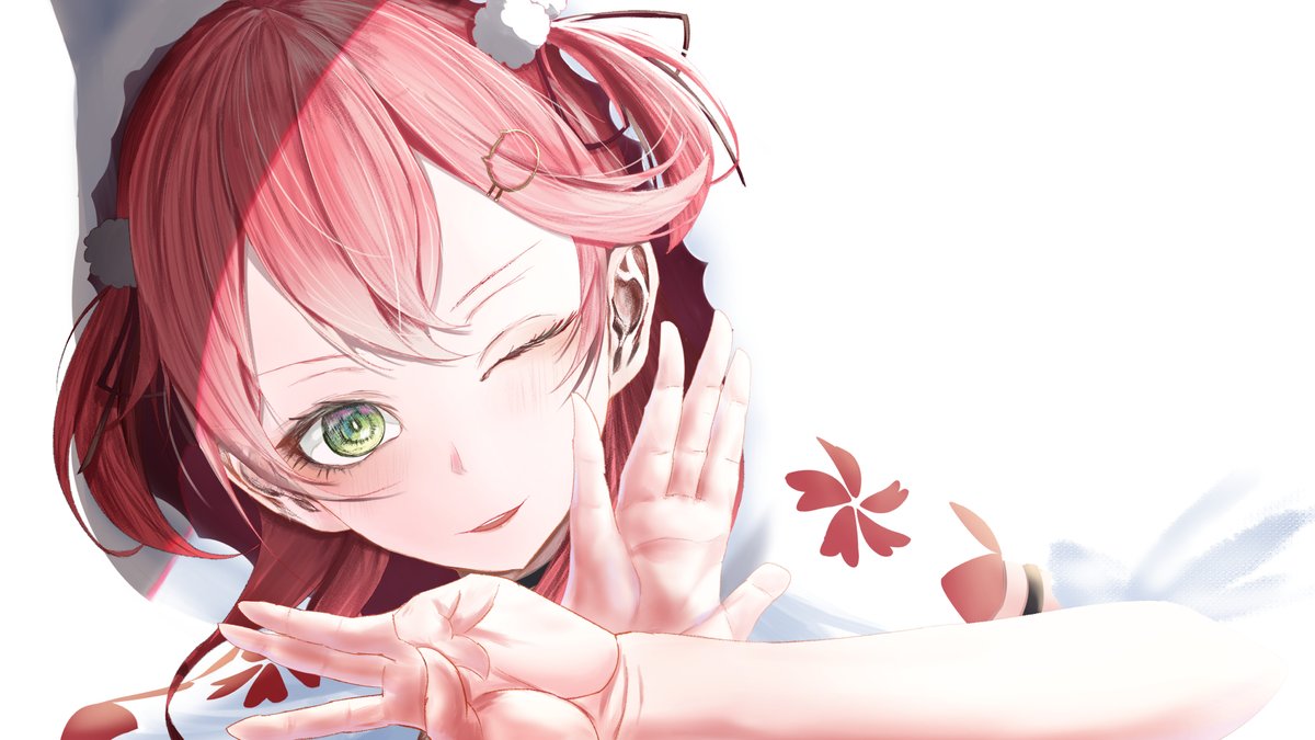 sakura miko 1girl green eyes one eye closed solo hair ornament pink hair looking at viewer  illustration images