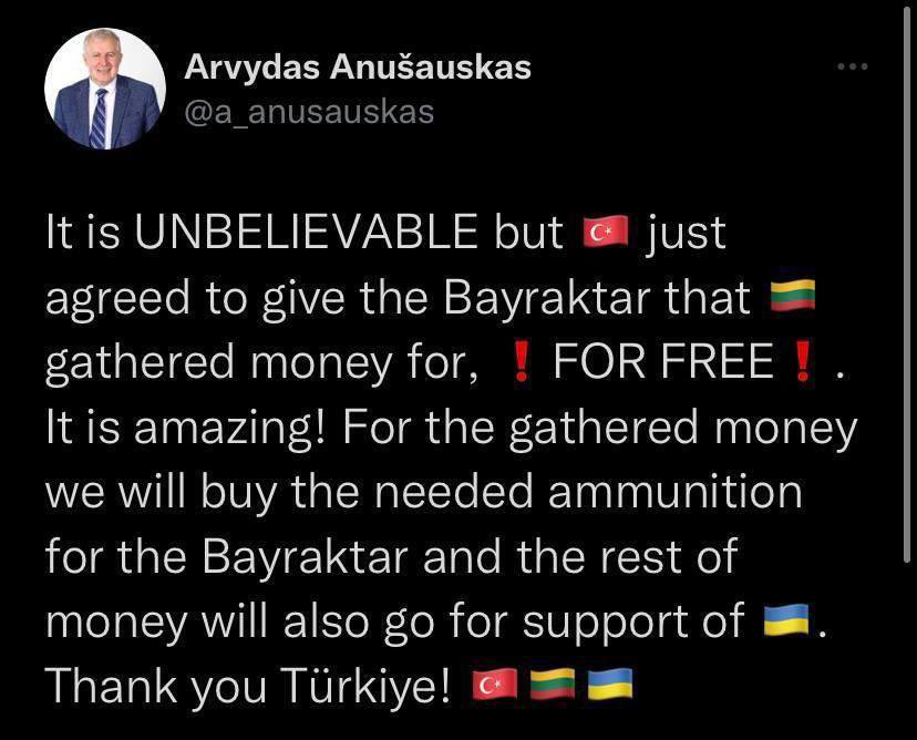 Турция бесплатно передаст «Байрактар», на который собирали деньги в Литве