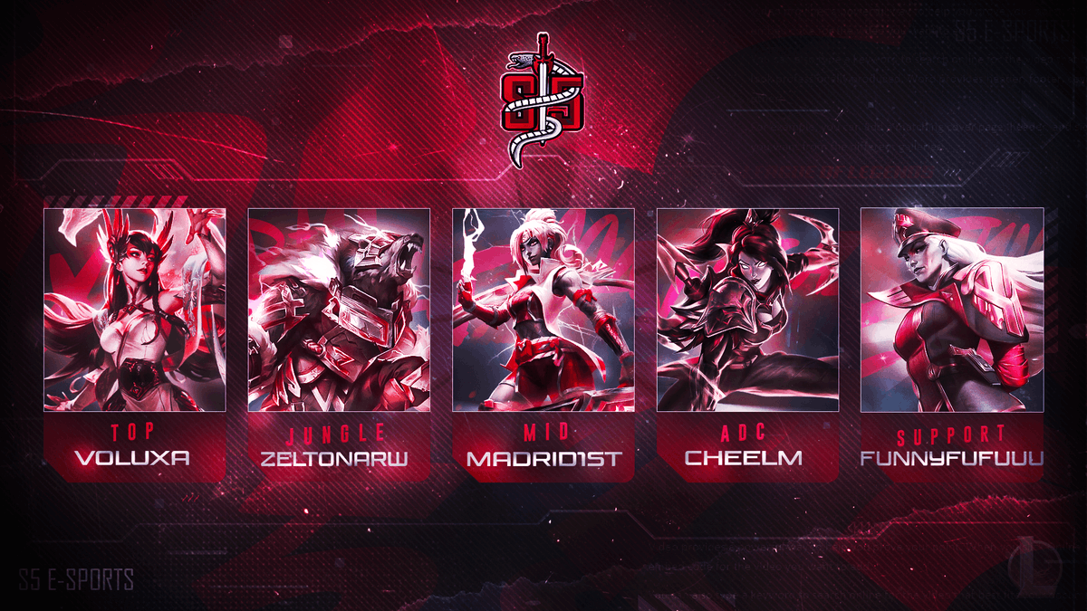 🚨Announcement🚨

This is S5 Esports NLC Summer Split 2022!

Directors <a href="/AB_Majj/">AB Maj</a>  &amp; <a href="/RakiIol/">Raki</a>
Manager <a href="/RoitLoL/">Roit</a>
Head Coach <a href="/CoachKybet/">Coach Kybet</a>
Assistant Coach @Sc2HyDraP

Roster

Top <a href="/VoluxaLoL/">Voluxa</a>
Jungle <a href="/ZeltonarW/">Zeltonarwlol</a>
Mid <a href="/Madrid1st_/">Madrid1st</a> 
ADC <a href="/Cheelm1/">Cheelm</a> 
Support <a href="/FunnyFuFuuu1/">funnyfufuuu</a>

Substitute @Rohan12460361