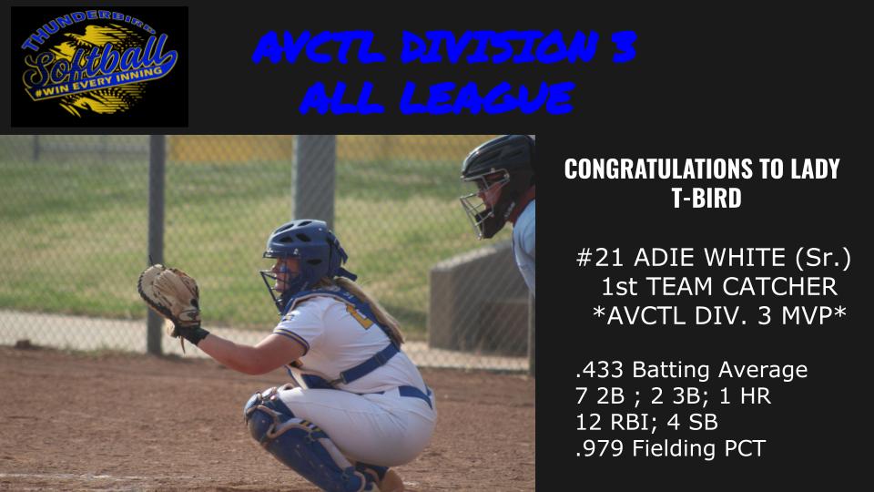 Congratulations to Adie White for being named 1st team catcher and league MVP for AVCTL Division 3 softball this season.
