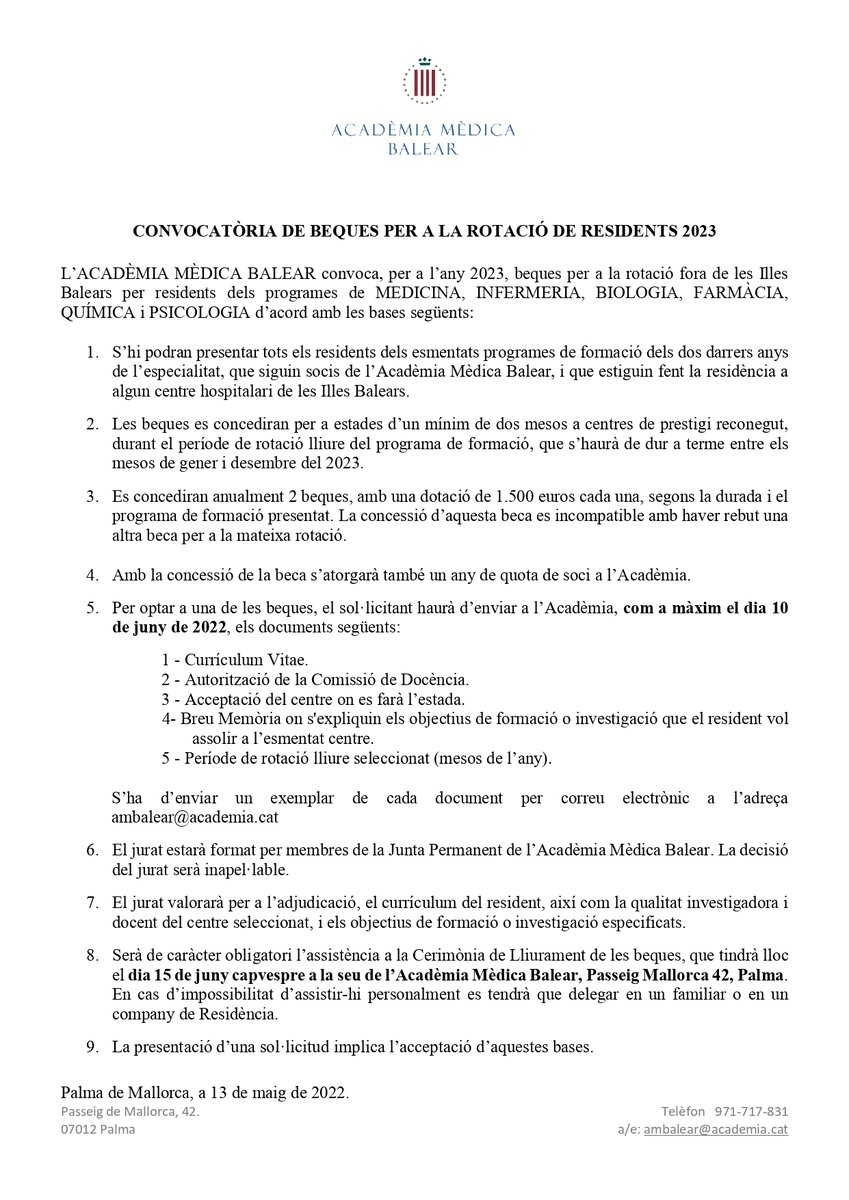 AMBalear's tweet photo. ➡️Convocatòries de Premis de Recerca i Beques de Rotació Externa per a residents https://t.co/XecqrlvqGg
