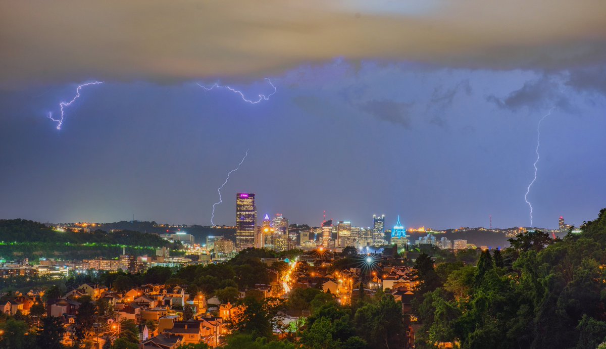 DaveDiCello's tweet photo. It was a busy night chasing the storms around #Pittsburgh last night, but as always, it was a lot of fun. This is a composite of some of the best strikes that I saw from Troy Hill, with lightning providing the backdrop all behind the city. Can't wait to share the rest. https://t.co/q77HwFryp6