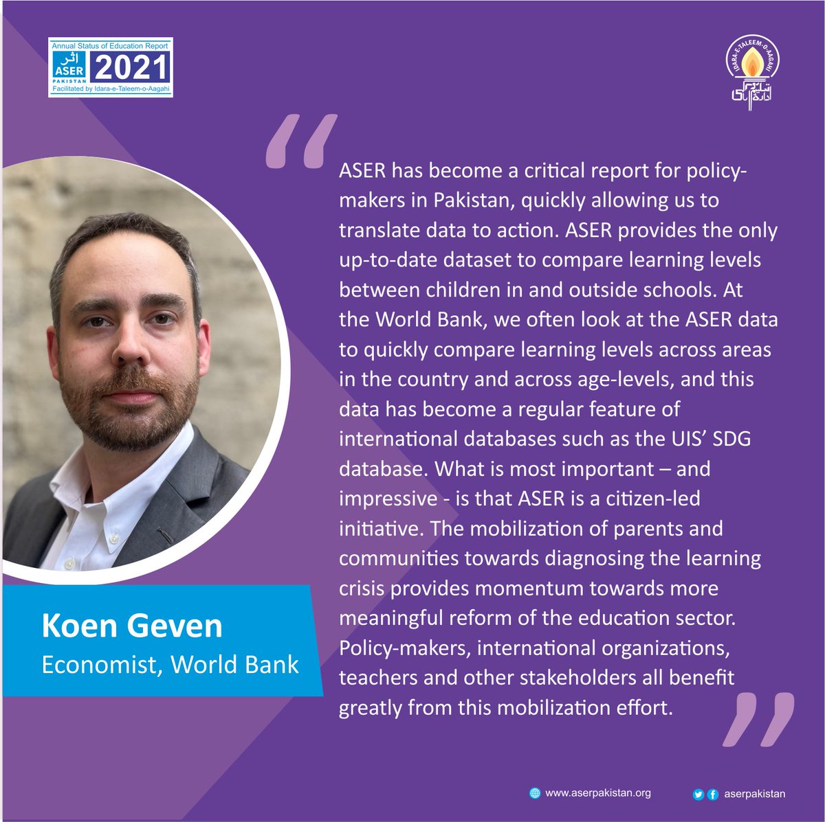 ASERPAKISTAN's tweet photo. Happy to receive such appreciation from our donors.
Koen Geven - Economist, World Bank greatly acknowledged the work of ASER as a global public good. 
#ASERPakistan #ASER 
@itacecorg 
@WorldBank 
@FCDOGovUK 
@FCDOEducation   
#Worldbank #ITA https://t.co/W2Ok6wNSQa