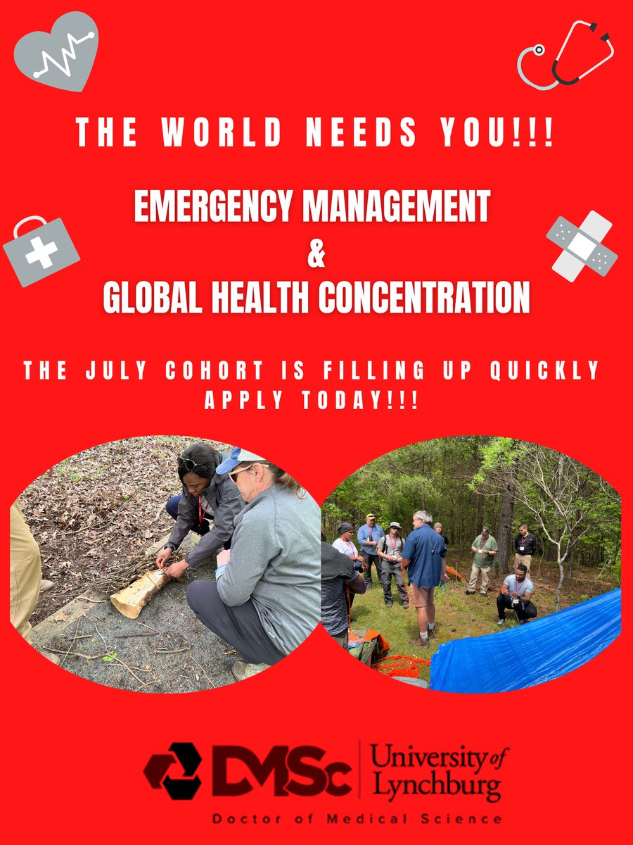 DMSc_Lynchburg's tweet photo. It's not too late to apply for our Emergency Management & Global Health Concentration which offers PAs real world emergency & global response training.
If you are interested follow the link here:
https://t.co/Chd7mudzOL
#EMGH #UniversityofLynchburg #DMSc #PAsDoThat #PAsGoBeyond https://t.co/IvCHf77i69
