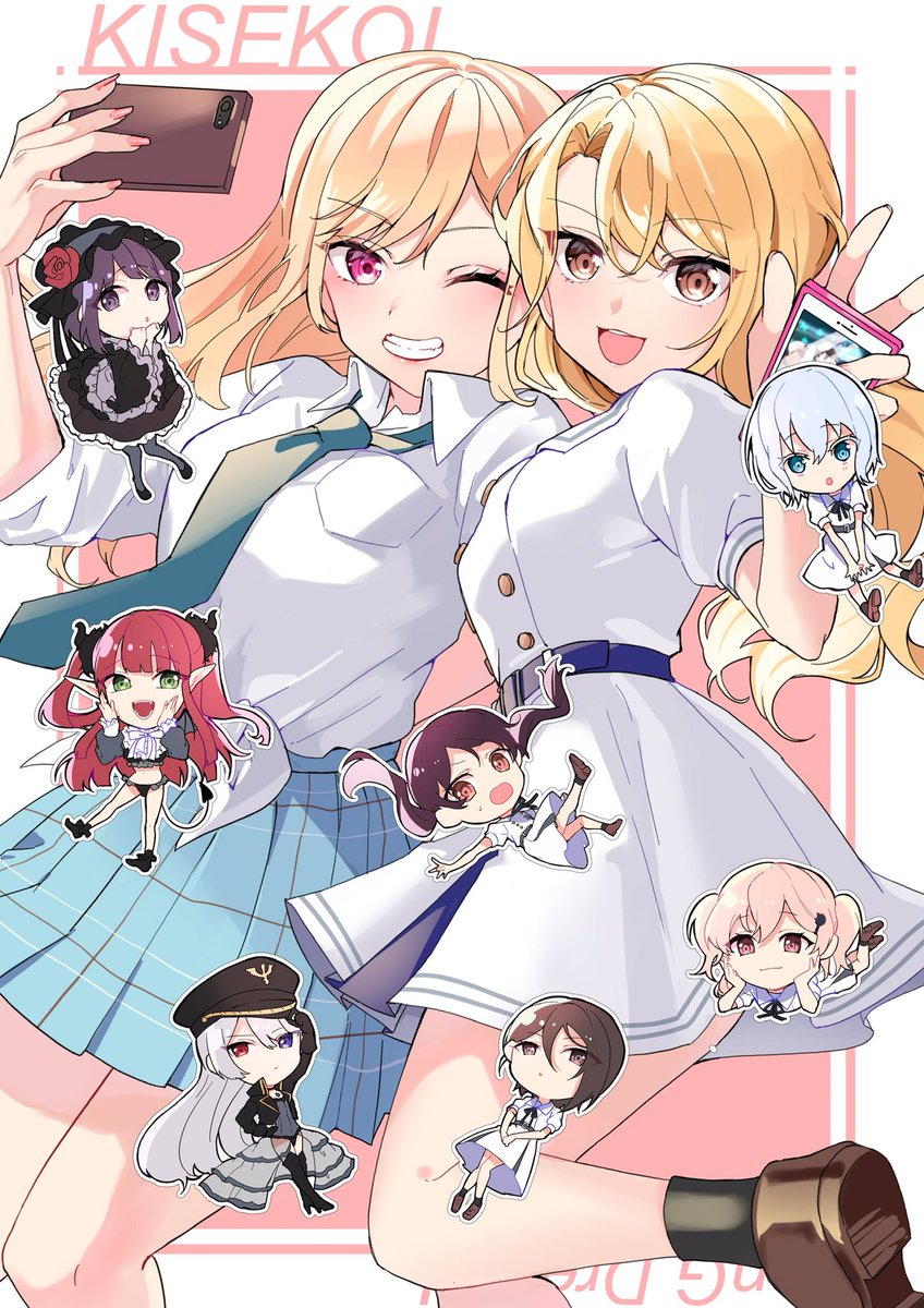 kitagawa marin blonde hair multiple girls 2girls school uniform necktie skirt phone  illustration images