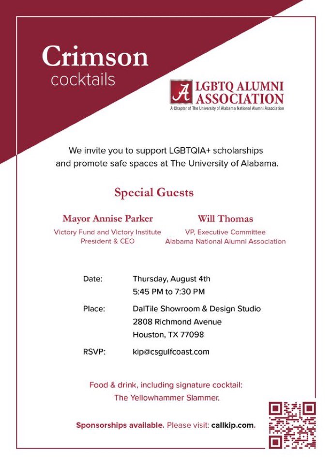 TheKipCo2010's tweet photo. It’s Official!   Crimson Cocktails August 4 in #houston.  Yes, the #HTX.  Please share to support #LGBTQ #Alabama scholarships. https://t.co/bMuDp0n3Sb #RollTide #Bama @Daltile @KipHoustonTX https://t.co/X799Qaxm6o
