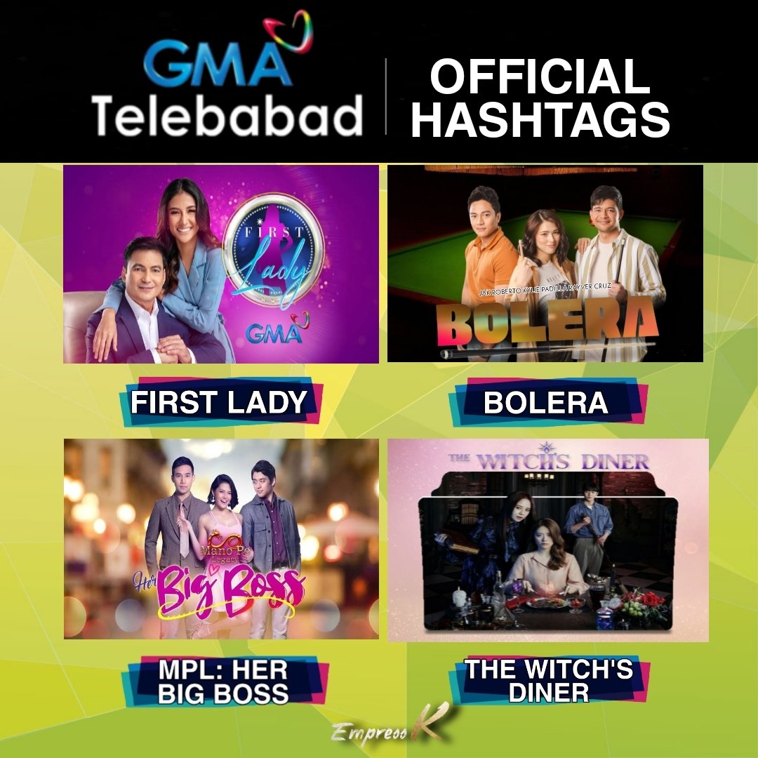 EmpressKxxx's tweet photo. Anong GMA Telebabad show ang inaabangan mo, Kapuso? Tweet na using these official hashtags.

First Lady
#FirstLadyHuliKaBella

Bolera
#BoleraLihimNaPageensayo 

MPL: Her Big Boss
#MPLTheBigFinale

The Witch's Diner
#TWDLeo https://t.co/7AyZrlTDwg