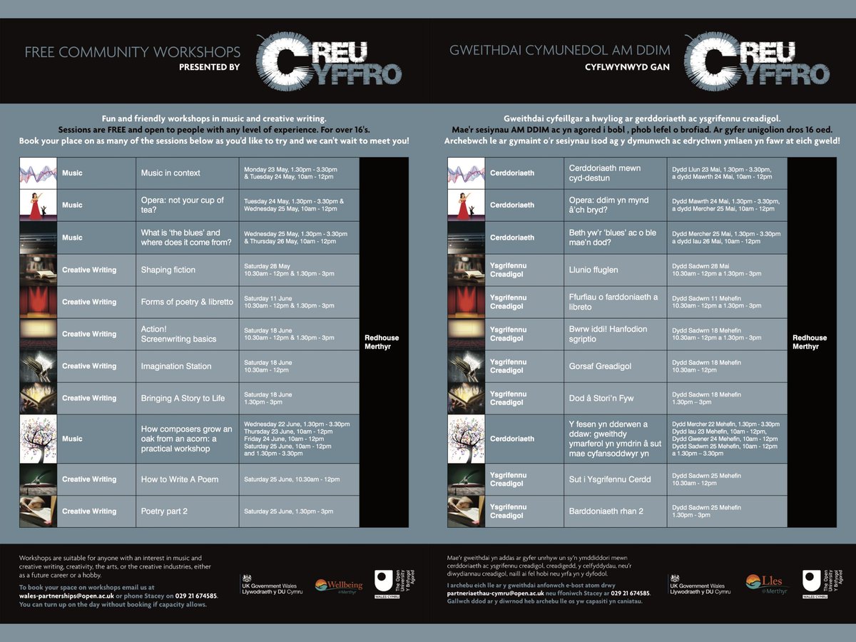 WellbeinMerthyr's tweet photo. Lots of free workshops coming up!
Open to anyone with any level of experience, over the age of 16!
๐ตโ๏ธ๐ตโ๏ธ๐ต
Llawer o weithdai am ddim ar y gweill! Agored i unrhyw un sydd ag unrhyw lefel o brofiad, dros 16 oed!
#wellbeingmerthyr #redhousecyrmu #music #writing #creucyffro https://t.co/w6ko7x4uXR