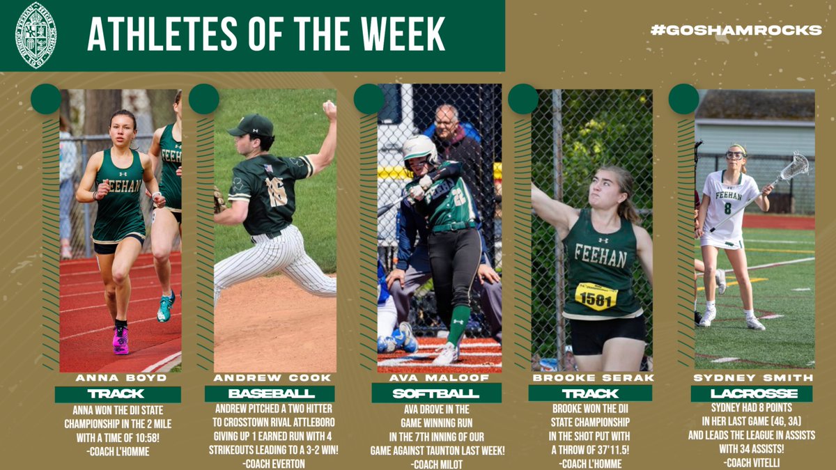 FeehanAthletics's tweet image. Congratulations to our Athletes of the Week for Week 8! Anna, Andrew, Ava, Brooke and Sydney all had fantastic weeks at the perfect time in the season! #GoShamrocks @Feehan_XCTrack @Feehan_Baseball @Feehan_GLax
