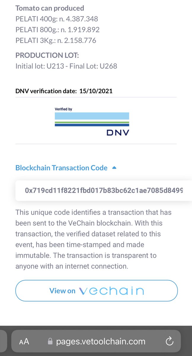 Sarah_Nabaa's tweet photo. ๐ฅซ๐
๐ฅซ๐ฎ๐นInternet of tomatoes.
Always good to see VeChain use cases with real utility, maintaining the integrity of reputable food producers in the real world with
@DNV_Assurance @vechainofficial #MyStory #FoodSafety #enterpriseblockchain
#builtonVeChain https://t.co/GzKvvnPfzn