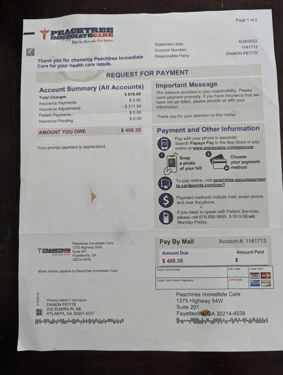 OKTeresha's tweet photo. dear @peachtreemed, I was at your Edgewood location for acute ab pain in Feb. I saw a NP for 5 mins who told me she suspected appendicitis and to go straight to ER. This is my bill for 5 mins and no care. I have called twice for an itemized invoice I have yet to get. Pls advise. https://t.co/qYxFyea7Hu