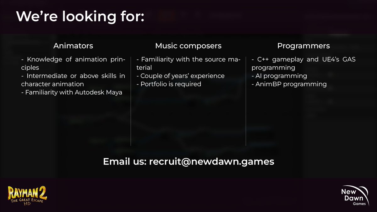 Razorbeard wants you!
If you want to volunteer and join our team as an animator, composer or programmer, you now can by sending us an email and we will get back to you!
 
We'll give a cookie to the first 300 that send an email.

#Rayman #NewDawn #Gamedev