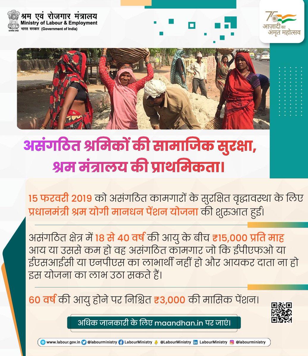 LabourMinistry's tweet image. असंगठित श्रमिकों की सामाजिक सुरक्षा,
श्रम मंत्रालय की प्राथमिकता।
प्रधानमंत्री श्रम योगी मानधन पेंशन योजना से जुड़ने के लिए maandhan.in पर जाएं।
#AmritMahotsav 
@byadavbjp @Rameswar_Teli @AmritMahotsav @PMOIndia
