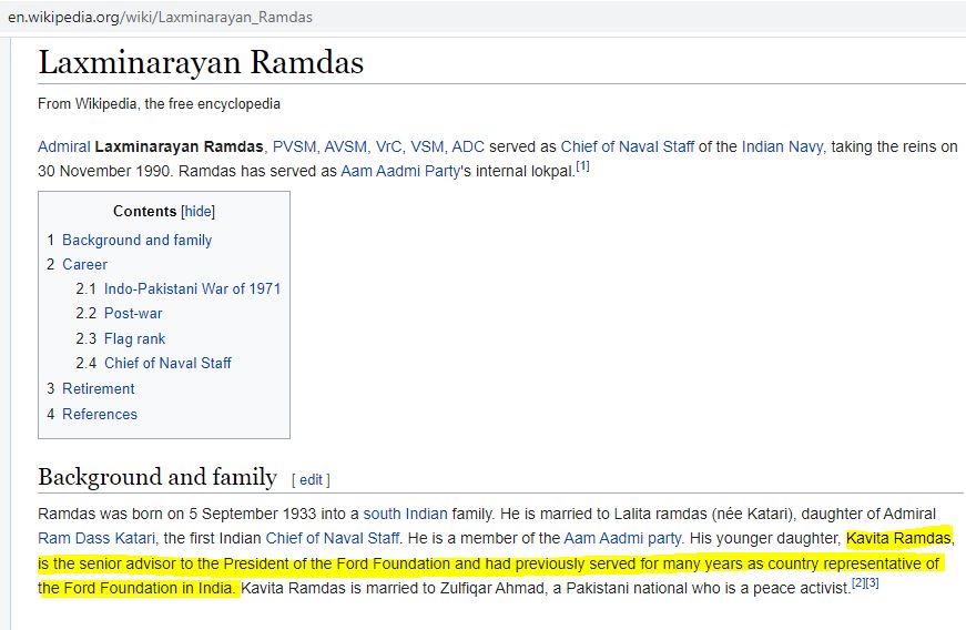 9. His daughter Kavita Ramdas, is the senior advisor to the President of the Ford Foundation and had previously served for many years as country representative of the Ford Foundation in India.She also has also worked with the Open Society Foundation of Soros!