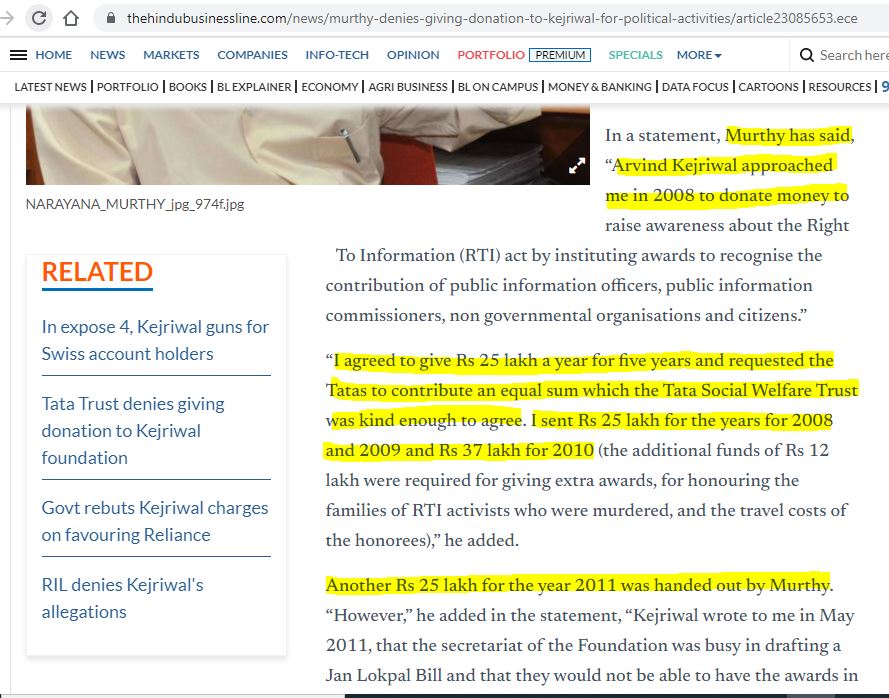14. In 2008, Infosys and Tata started to fund 25 lakhs each per year for the time period of five years.Tata has claimed that they have stopped after 2011 but didn't give any evidence for their claim!