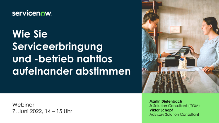M_Diefenbach's tweet photo. Stimmen Sie Serviceerbringung und -betrieb nahtlos aufeinander ab! Wie Sie Ihre Serviceprozesse optimieren können, um erfolgreicher zu arbeiten, erklären wir von @ServiceNowDE im Webinar. Jetzt anmelden: https://t.co/3BeVAJjxD6 https://t.co/DNtjibvjYu
