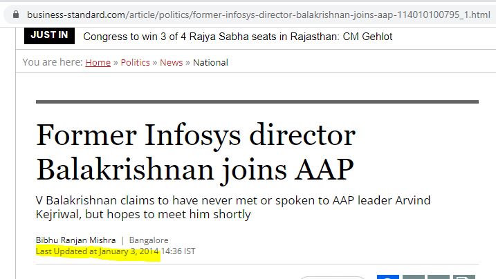 15. In 2014, former Infosys director Balakrishnan joined AAP!