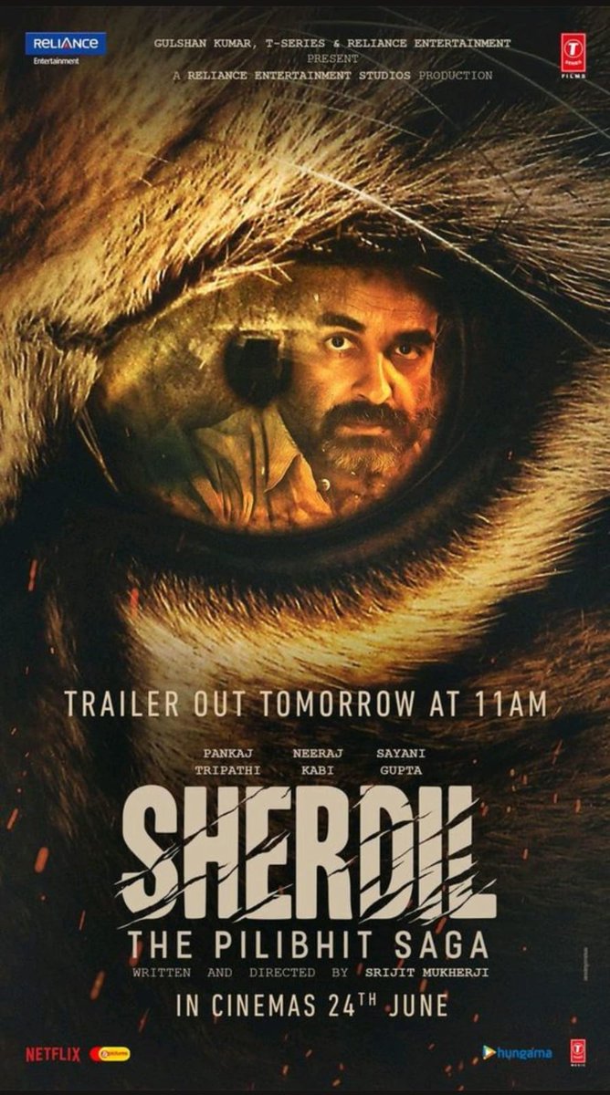The official trailer of #Sherdil - The Pilibhit Saga to be out tomorrow at 11 AM. To release in cinemas on June 24. @srijitspeaketh | @TripathiiPankaj | @sayanigupta | @TSeries | @RelianceEnt | @vivekbagrawal | @sherdilfilm