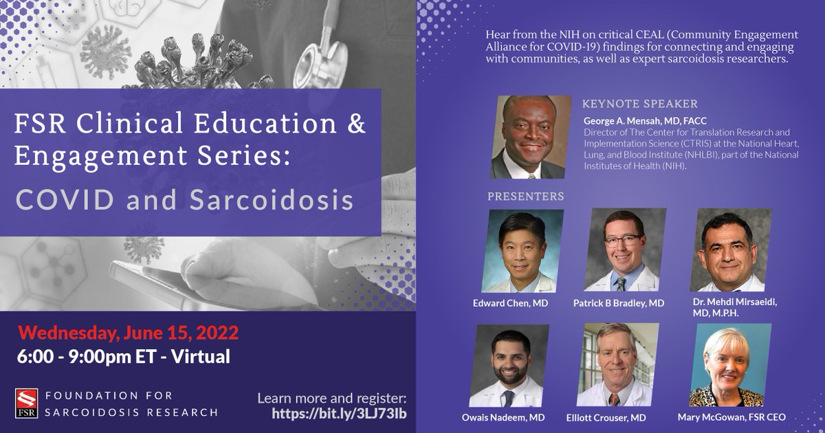 Join FSR June 15th for the 1st series as part of our series of interactive forums for clinicians: COVID &amp; Sarcoidosis. Hear about advances in #research and approach to care of patients living with #sarcoidosis &amp; #COVID.

bit.ly/3LJ73Ib  

#sarctwitter