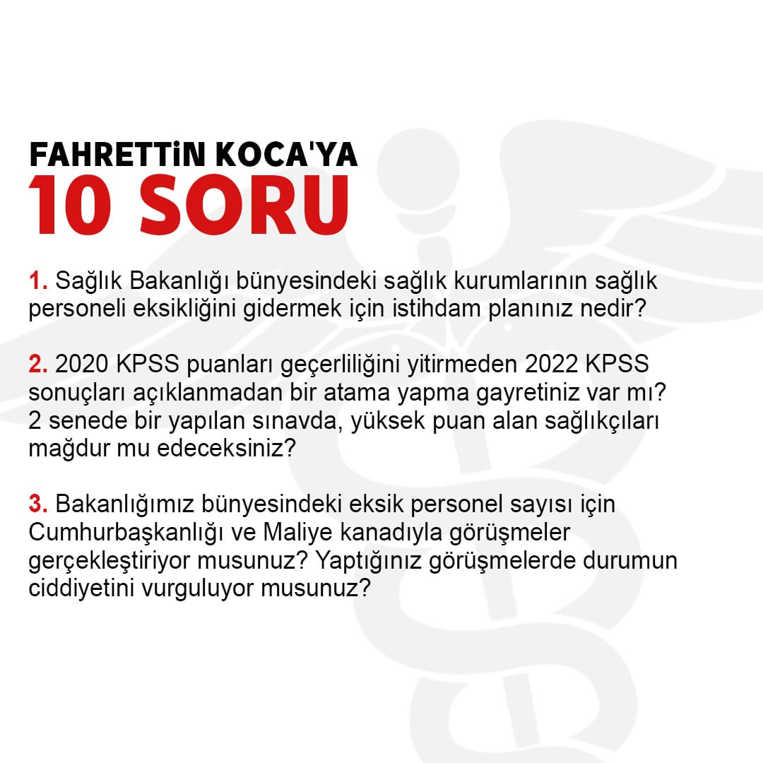 Sağlık bakanlığının yıl sonu faaliyet raporlarında değişmeyen 1 numaralı tek eksiklik;
"Personel yetersizliği"
Gençler soruyor biz soruyoruz? 
<a href="/drfahrettinkoca/">Dr. Fahrettin Koca</a> 
#FahrettinKocaya10Soru