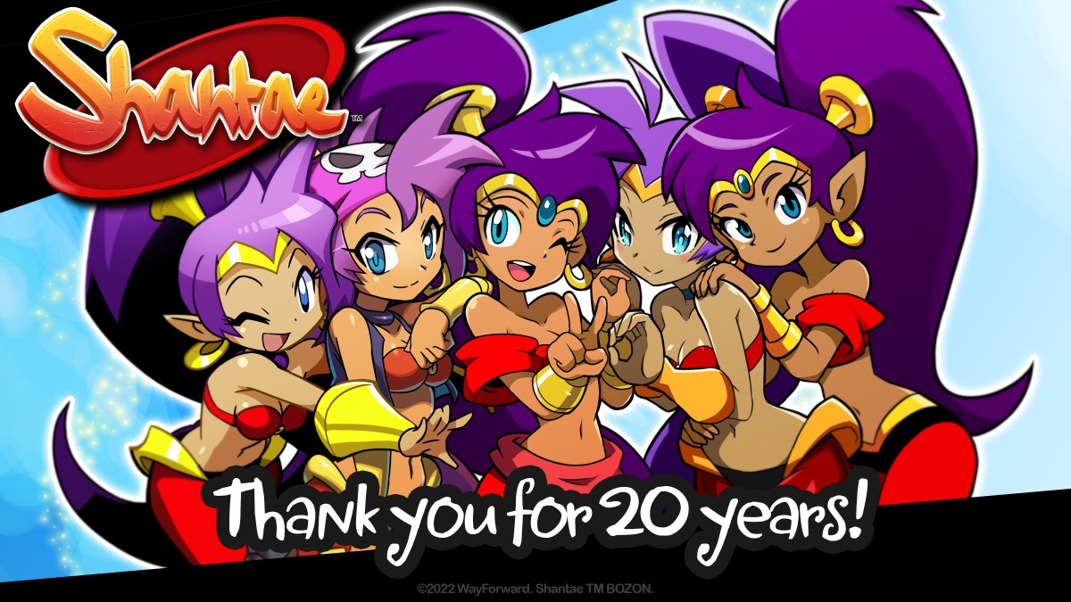 WayForward's tweet image. Twenty years ago today, the original Shantae game was released on Game Boy Color, and a fan-favorite franchise was born! Thanks so much for supporting #20YearsOfShantae, and we can&apos;t wait to see where she goes in the next 20 years!