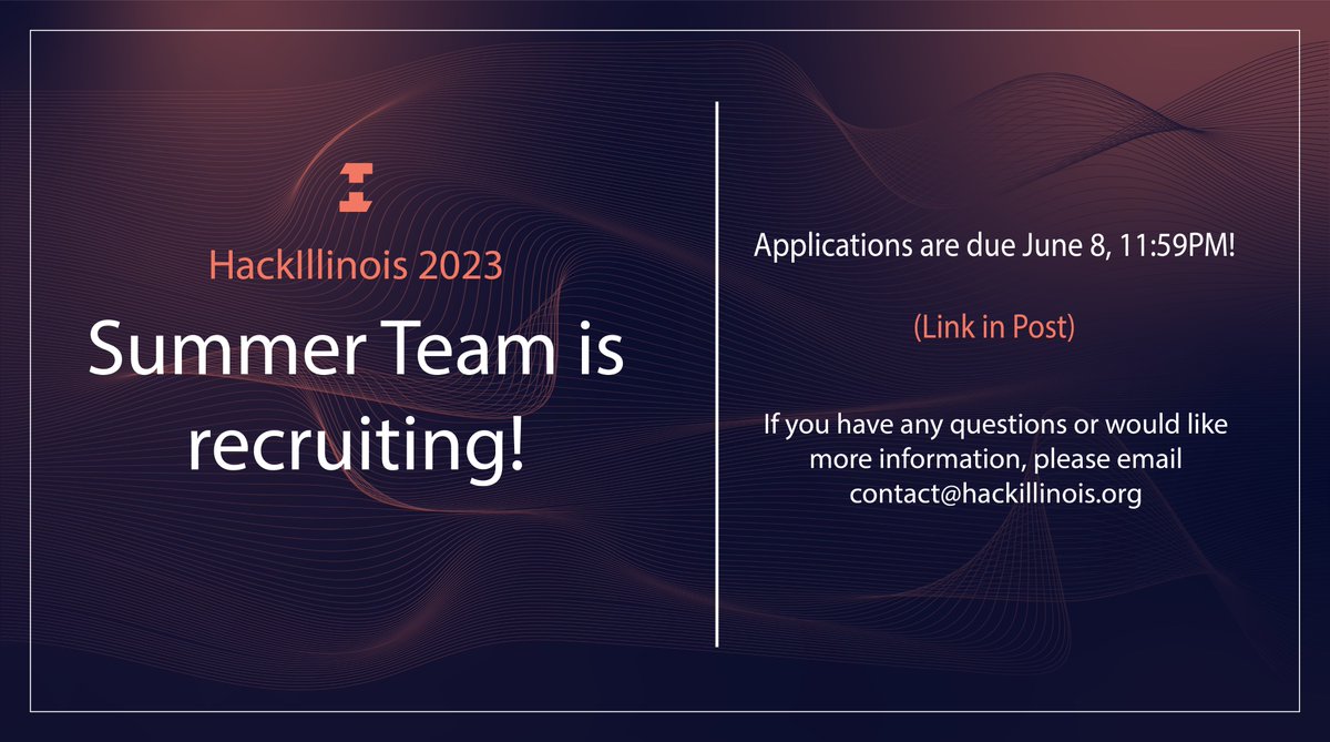 Get excited! 🎉🎉🎉
HackIllinois 2023’s Summer Team Applications are now open! The Summer Team will focus on overall vision and large-scale planning to make HackIllinois 2023 even bigger and better!
Apply at go.hackIllinois.org/summer-team-ap…